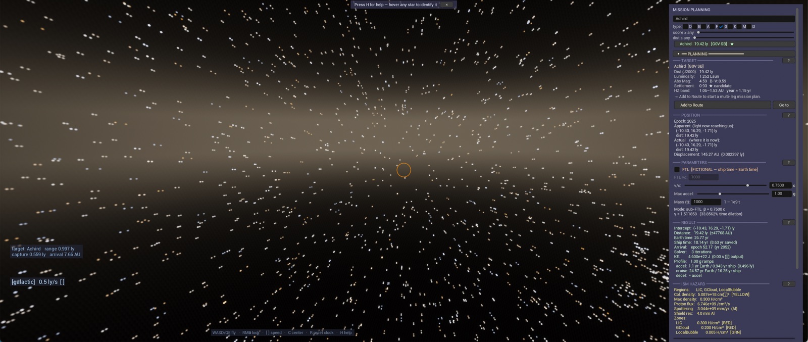 Intercept marker on Achird at one light-year out, seen against the galactic plane edge-on
