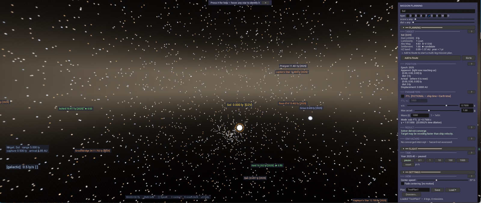 The solar neighborhood against the Milky Way band — Sol centered with Alpha Centauri, Sirius, and Ross 614 labeled, mission planning panel on the right
